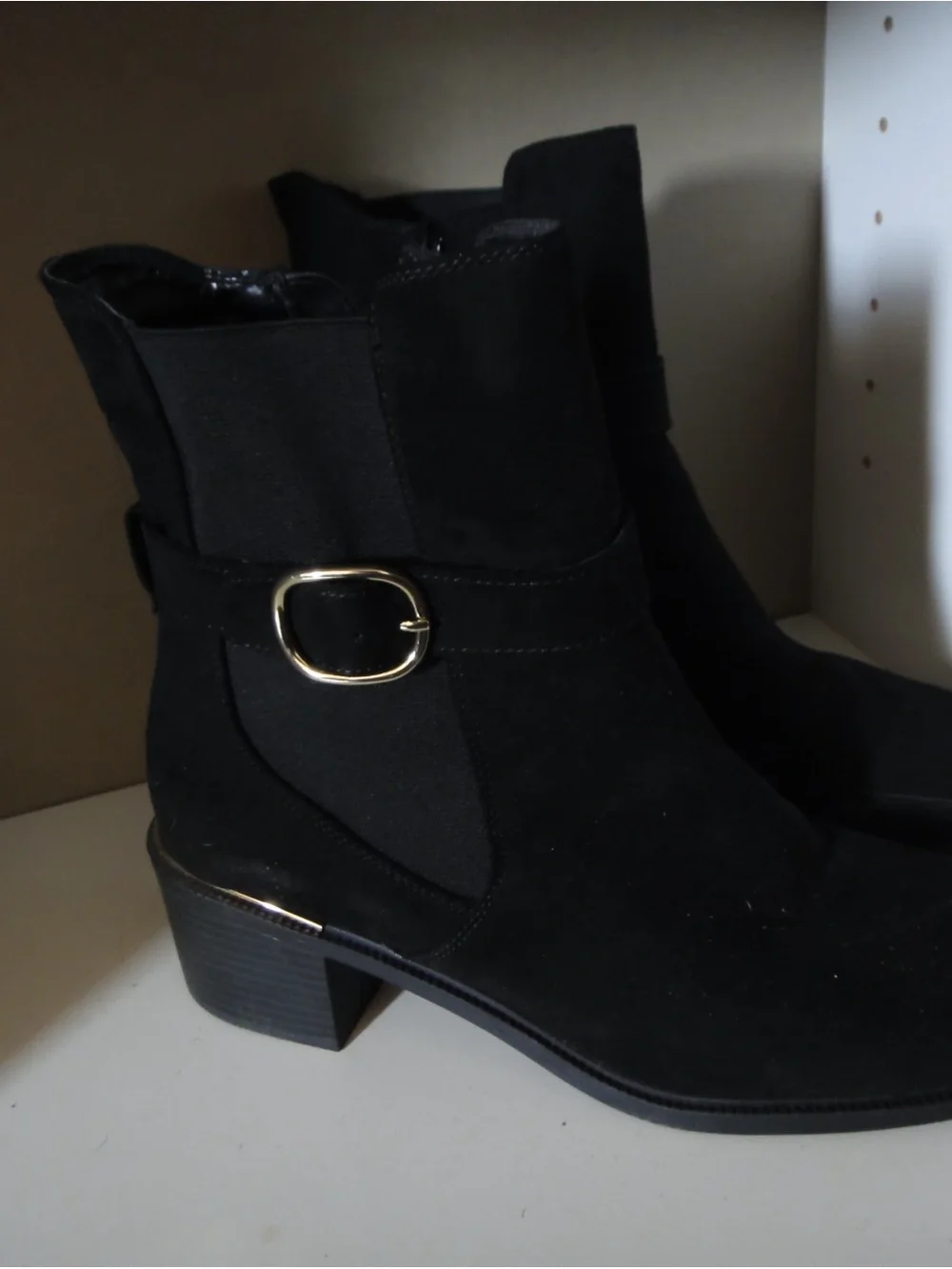 Rock & Candy Black Suede Ankle Booties with Gold Buckle
